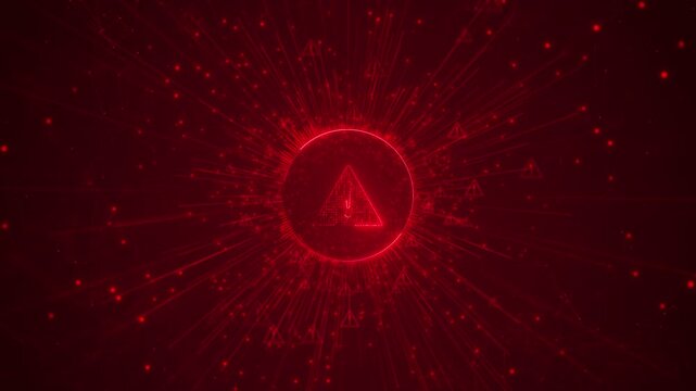 Red cyber warning alert background with glowing danger triangle, burst rays, and dark security particles. Perfect for threat videos, alarm intros, hacking screens, crisis titles, and overlays.