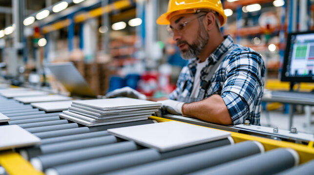 Factory technician monitoring an automated ceramic tile production line, white square tiles moving across synchronized conveyor rollers, high efficiency industrial manufacturing process, clean engin
