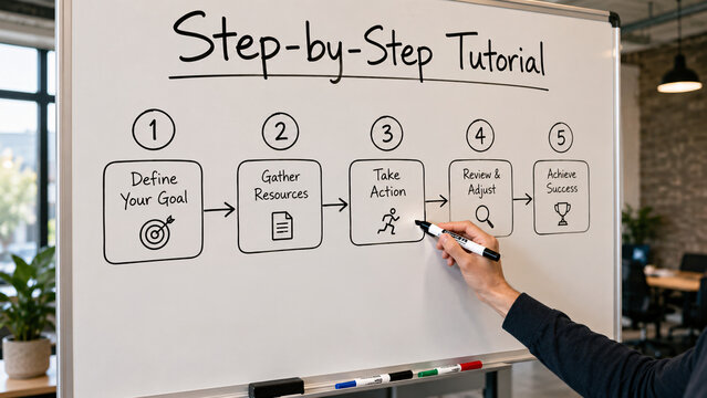 Hand drawing five step process flowchart with "Step-by-Step Tutorial" text on an office whiteboard