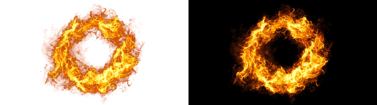 Orange fire ring shaped flame effect with burning circle texture for cinematic overlays in PNG, Transparent and Black Background Versions