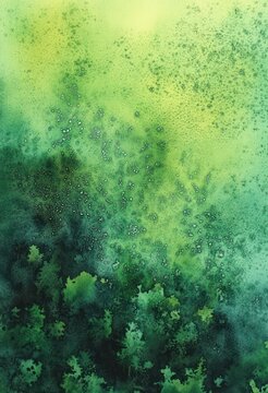 luminous green watercolor wash with misty droplets, speckled texture and dark tree-like silhouettes evoking calm fresh serenity