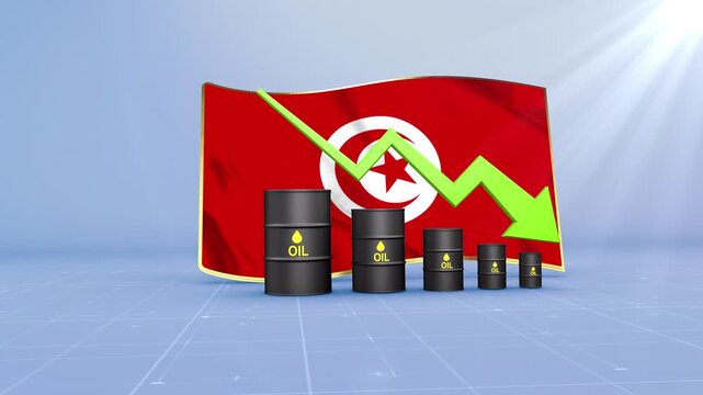 Tunisia Oil Price Falling with Oil Barrels Downward Green Arrow and 3D Financial Data Visualization Graphs for Economy and Business Concept