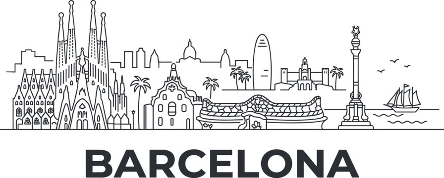 Barcelona Spain Skyline Line Art Vector with Famous Landmarks and City Architecture