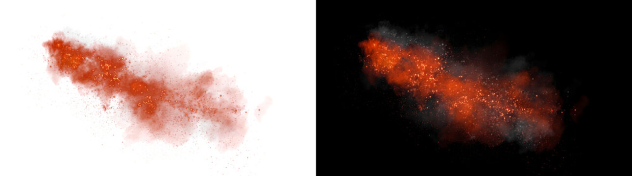 Orange fire smoke cloud with glowing ember particle texture for cinematic overlays in PNG, Transparent and Black Background Versions