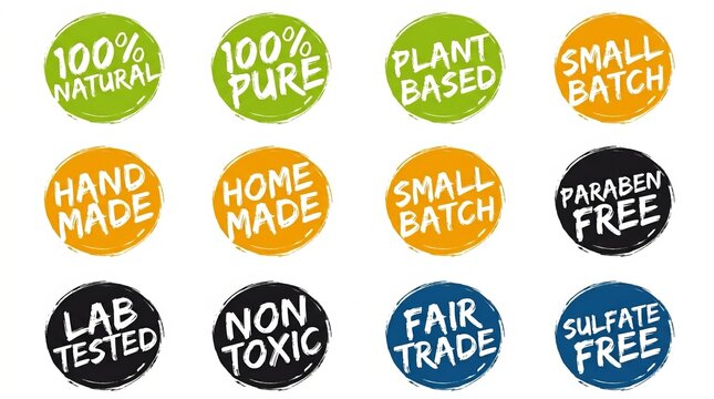 Colorful circular badges promoting eco-friendly and non-toxic product attributes.