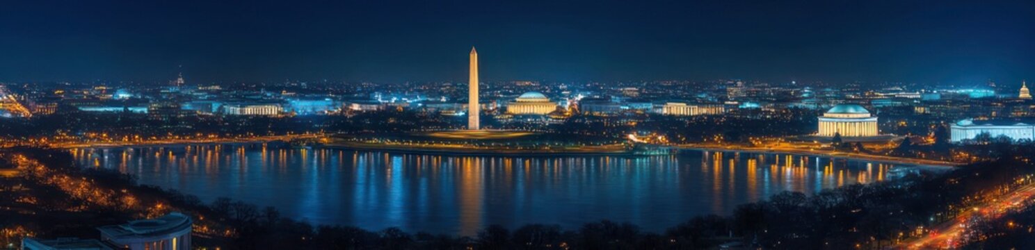 Panoramic night cityscape featuring a tall illuminated obelisk and a glowing domed neoclassical memorial reflected in a calm river, bridges and skyline evoking a serene, majestic mood