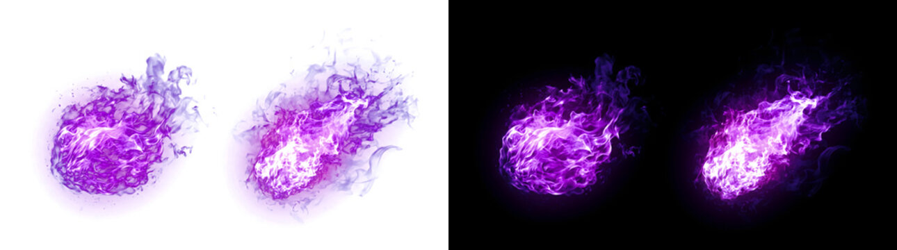 Purple fire ball with burning flame texture and glowing embers for cinematic overlays in PNG, Transparent and Black Background Versions