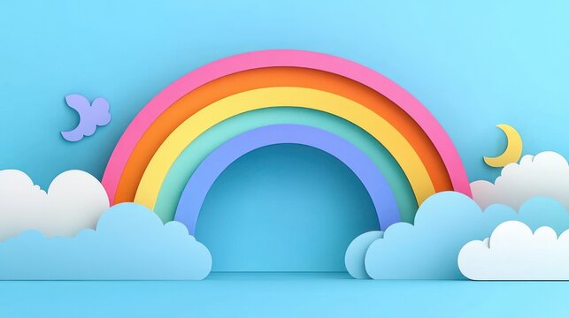 paper-cut style colorful rainbow arching over layered white and blue clouds with a small bird silhouette and yellow crescent moon in a cheerful playful sky