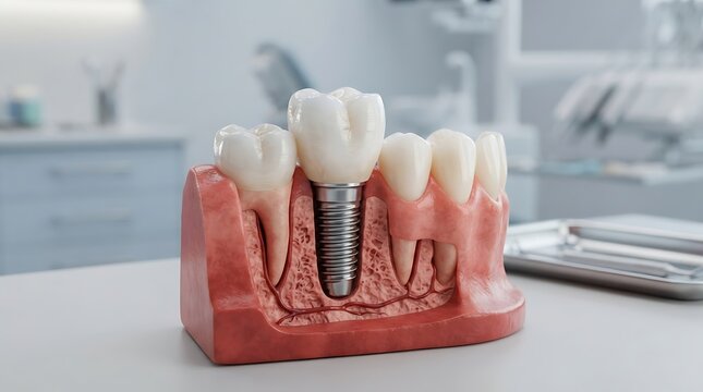 Dental implant model showing a prosthetic tooth replacement in a crosssection of the jawbone