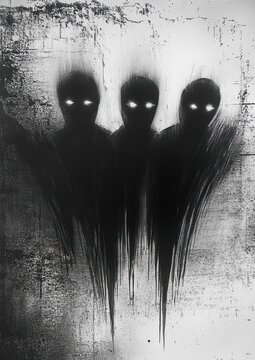 Three shadowy ghostlike silhouettes with glowing eyes and dripping elongated forms emerging from a scratched textured wall, evoking eerie unsettling dread
