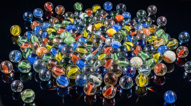 A large collection of colorful glass marbles scattered on a reflective black surface, evoking childhood play and nostalgia