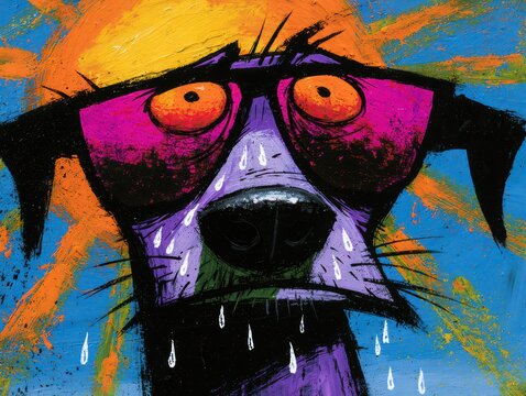 Anxious purple dog sweating under hot sun, vibrant expressionist painting, stressed animal portrait