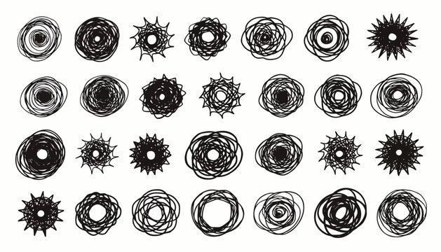 Collection of Abstract Hand-Drawn Scribble Circles and Starbursts