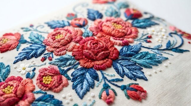 Closeup of intricate floral embroidery with red roses and blue leaves