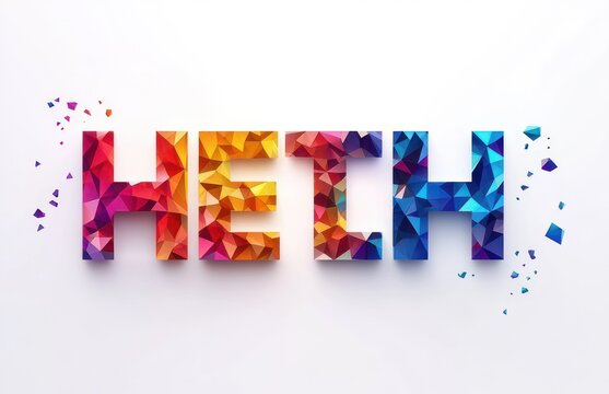 vibrant 3d geometric letters h e t h with multicolored polygonal facets and scattered shards on a white background, playful and energetic