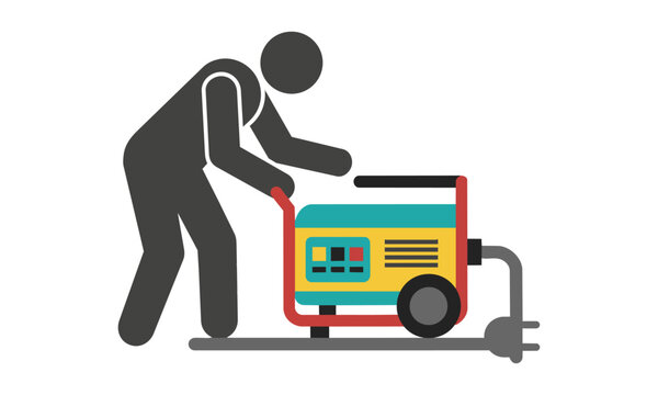 Silhouette of a person using a compact mobile industrial power generator with flat geometric shapes on white background industrial energy supply concept