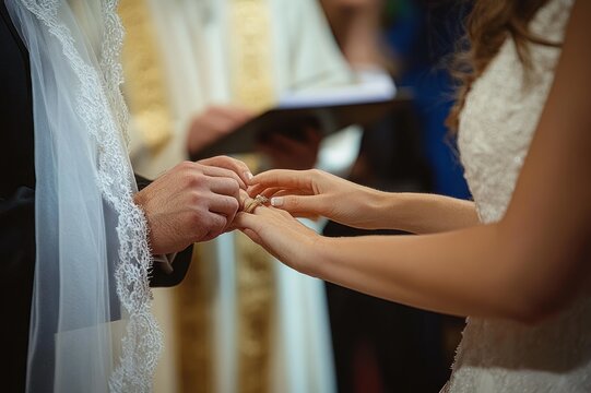 bride and groom exchanging wedding rings during ceremony with officiant in background, intimate joyful moment focusing on hands, lace veil and wedding dress details