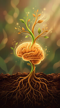Brain growing into a tree with roots and leaves
