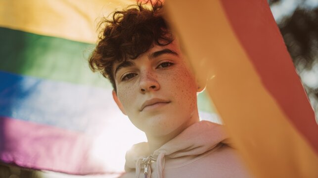 Young person holds rainbow flag during pride event in a bright location in the afternoon light