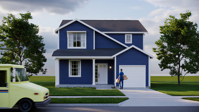 Delivery person carrying cardboard box to blue two story house with real estate, front door