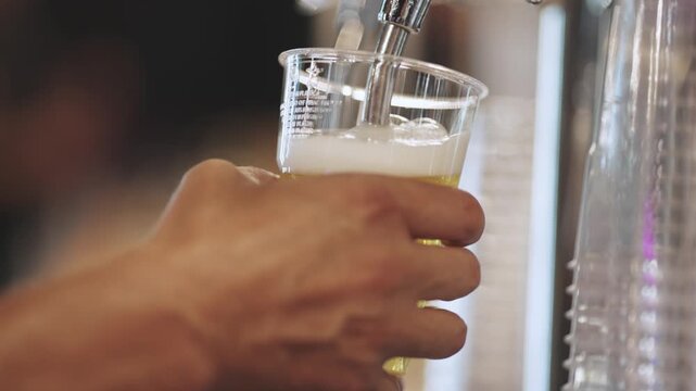 Draft Beer Pouring into Plastic Cup at Bar - Authentic Moment