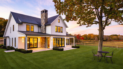 Plakat Modern farmhouse style home at twilight with warm interior lighting real estate farmhouse