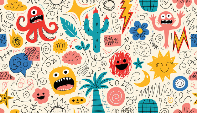 Whimsical doodle pattern with playful monsters, celestial bodies, and plants