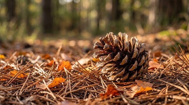 Autumn forest floor with a large pinecone surrounded by fallen leaves and pine needles in warm sunlight