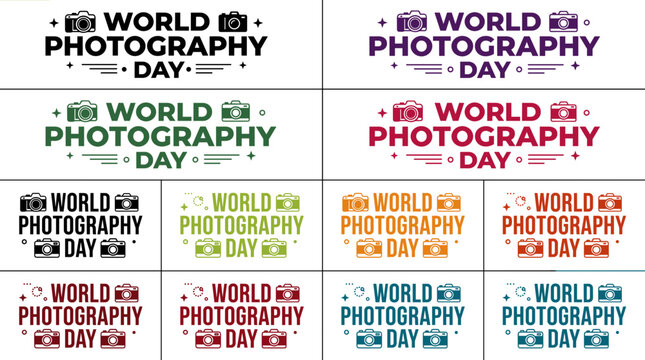 Collection of graphic designs celebrating World Photography Day with various color schemes and camera motifs.