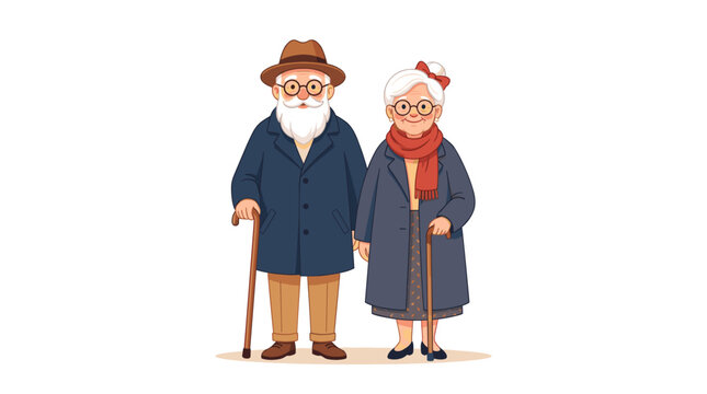 A charming illustration of a smiling elderly couple, a man and a woman, posing with canes and wearing warm coats.