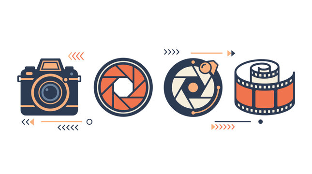 A clean, modern illustration featuring stylized icons of a camera, camera aperture, lens, and a film reel.