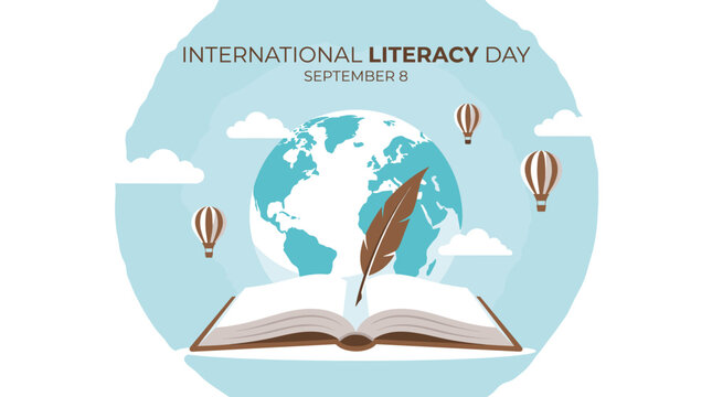 Celebrating International Literacy Day with a globe, open book and feather pen, symbolizing knowledge and global education.