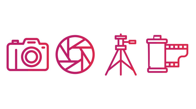 A collection of four minimalist graphic icons representing essential photography equipment: camera, aperture, tripod, and film roll.