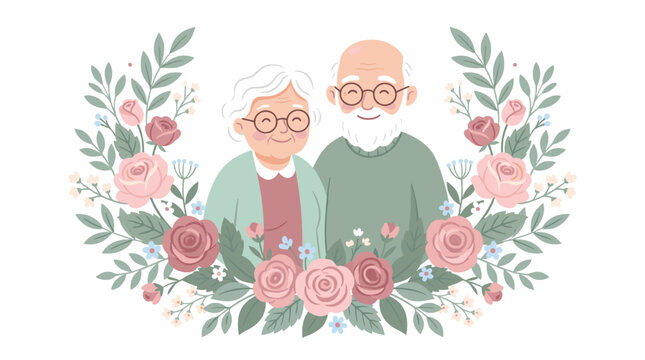 A charming illustration of a smiling elderly couple surrounded by a beautiful floral wreath, conveying love and companionship.