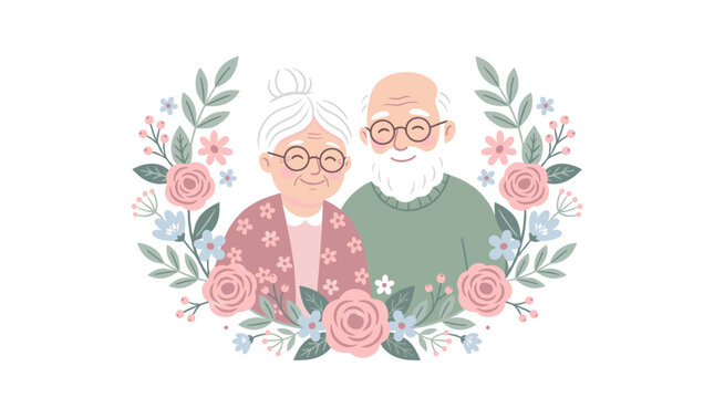 A sweet illustration of a smiling elderly couple, framed by a wreath of colorful flowers and leaves.