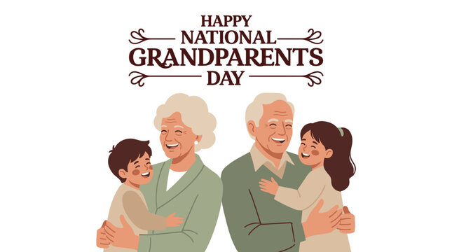 Illustration of grandparents and grandchildren happily hugging, celebrating National Grandparents Day.