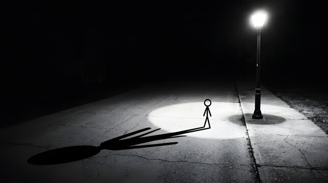 Solitary Figure in Spotlight: A lone stick figure stands in a pool of light cast by a street lamp, its elongated shadow stretching across an empty asphalt surface in the darkness.