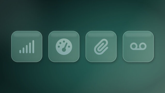 Translucent glass buttons with signal bars, speed gauge, paperclip and tape icons