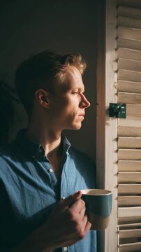 A man in a blue shirt is outside, enjoying a hot beverage and taking in the view.