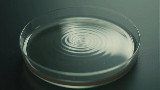 Clear liquid forming circular ripples in glass petri dish