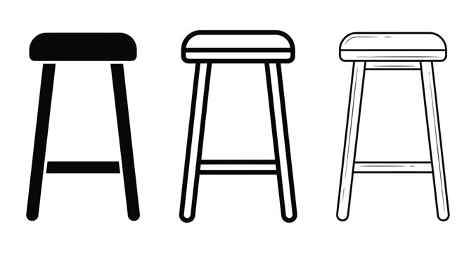 Set of three simple bar stool icons in different black and white outline and solid styles