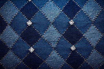 Fototapeta premium close-up of blue argyle denim fabric with stitched diamond pattern and small sparkling rhinestones, stylish cozy textile texture