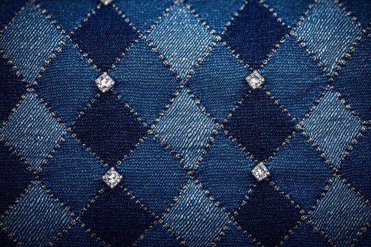 close-up of blue argyle denim fabric with stitched diamond pattern and small sparkling rhinestones, stylish cozy textile texture