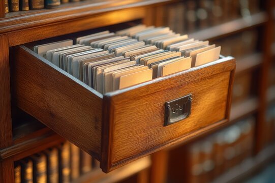 open wooden library card catalog drawer filled with neat index cards and books on blurred shelves in warm nostalgic light