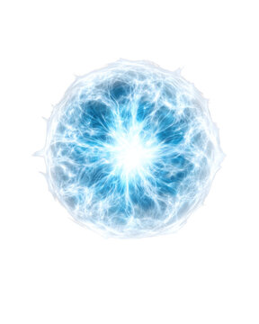 Glowing blue plasma energy sphere with electric filaments and bright core isolated