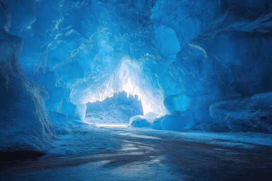 Glowing blue ice cave interior with textured ice walls and icy floor, luminous entrance to snowy outside, serene and awe-inspiring atmosphere