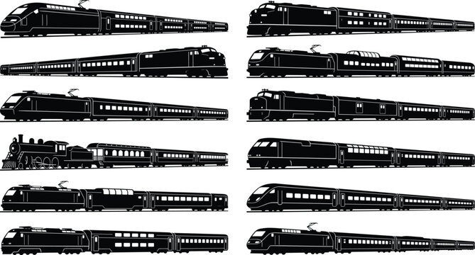 Modern Passenger Train Silhouette Collection Featuring High Speed Electric and Classic Railway Vector Designs