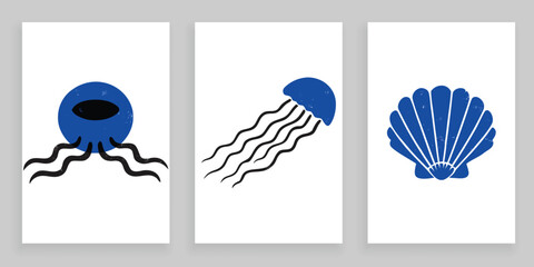 Minimalist jellyfish and sea shell linocut vector art set for vertical banners. © zixu