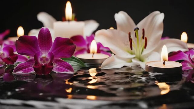 Orchid and lily flowers with floating tea light candles.