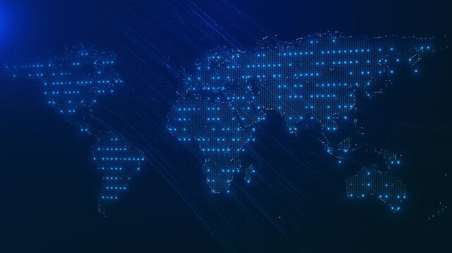 Global blue data map visual with dotted continents, flowing trail lines, and deep digital space. Perfect for world reports, business videos, travel promos, finance screens, and overlays.
